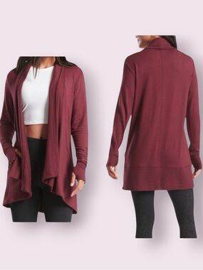 Athleta Open Front Long Cardigan Sweater Thumb Holes Burgundy Size Small